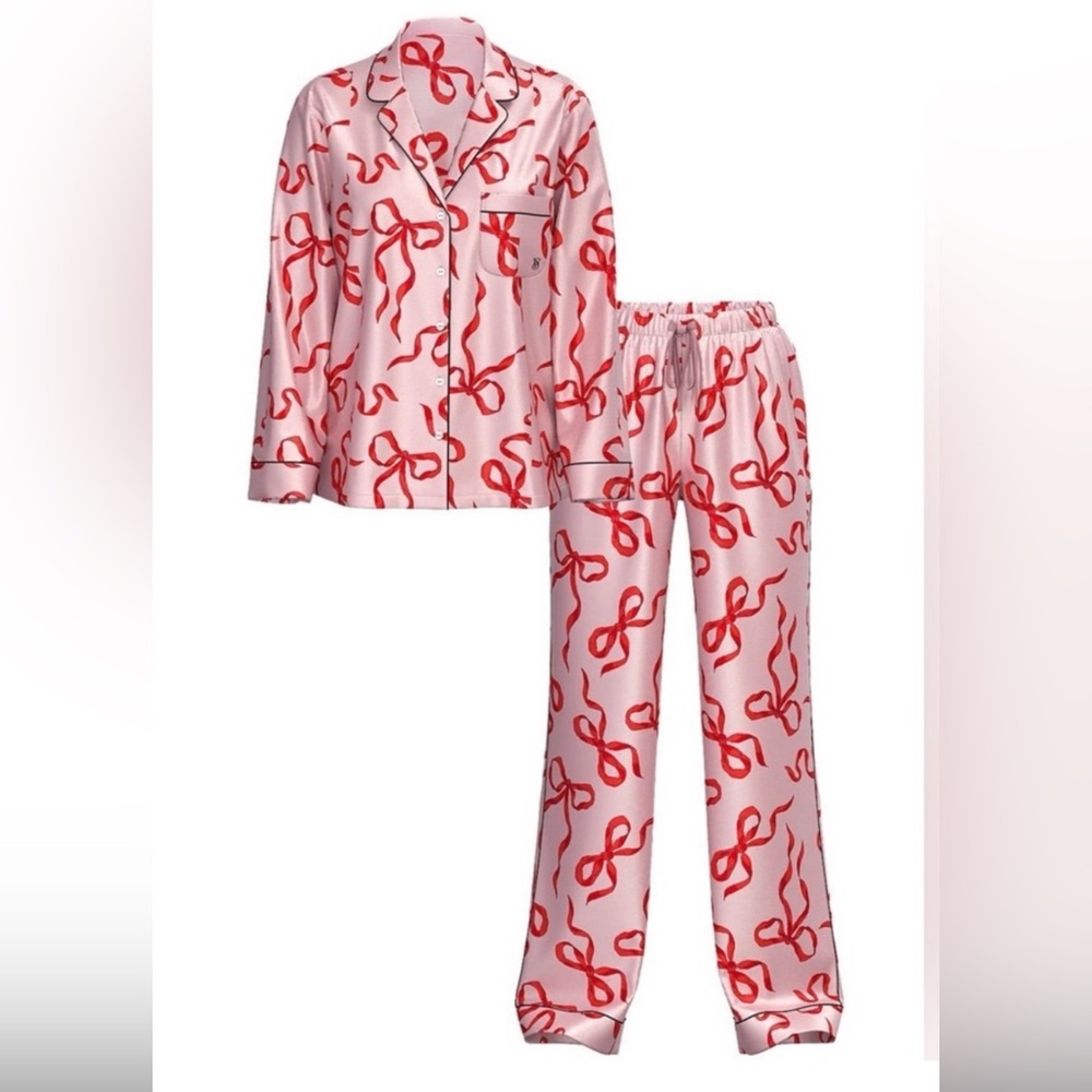 VS CHALK ROSE BOWS GLAZED SATIN PAJAMA SET w/ MATCHING TOTE & BLANKET SIZE LARGE - Picture 3 of 10